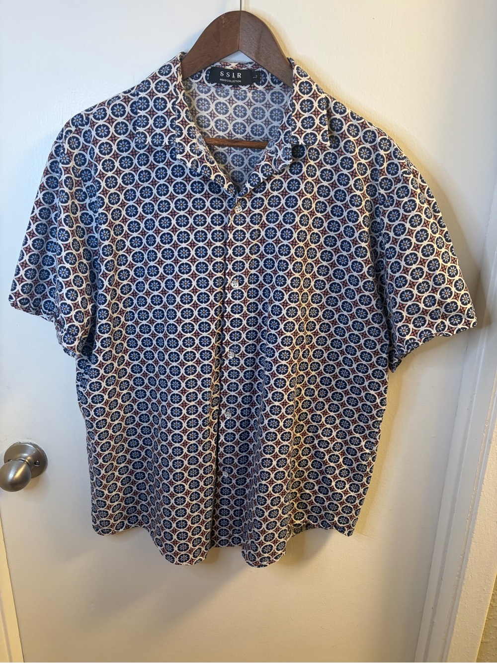 SSLR Men's Blue Geometric Floral Print Short Sleeve Button-Down Shirt Size L